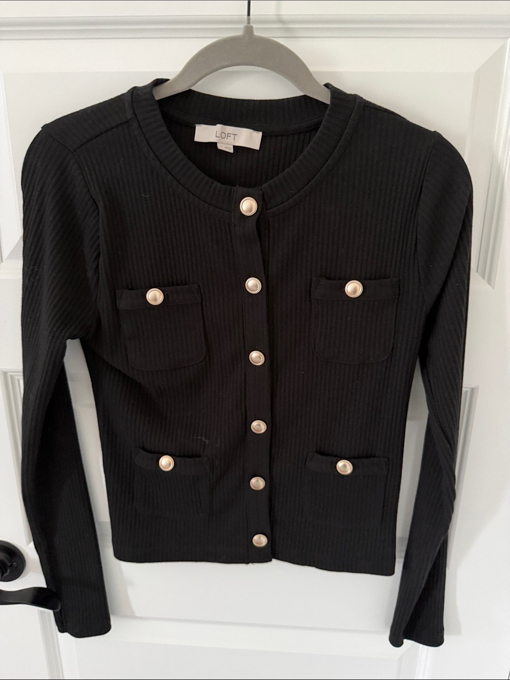 LOFT Black Ribbed Pearl-Button Cardigan